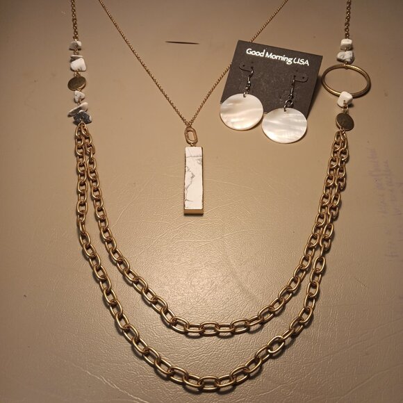 3 pc jewelry lot - marble tones w/ gold tone necklaces & shell earrings - NWT - - Picture 2 of 13